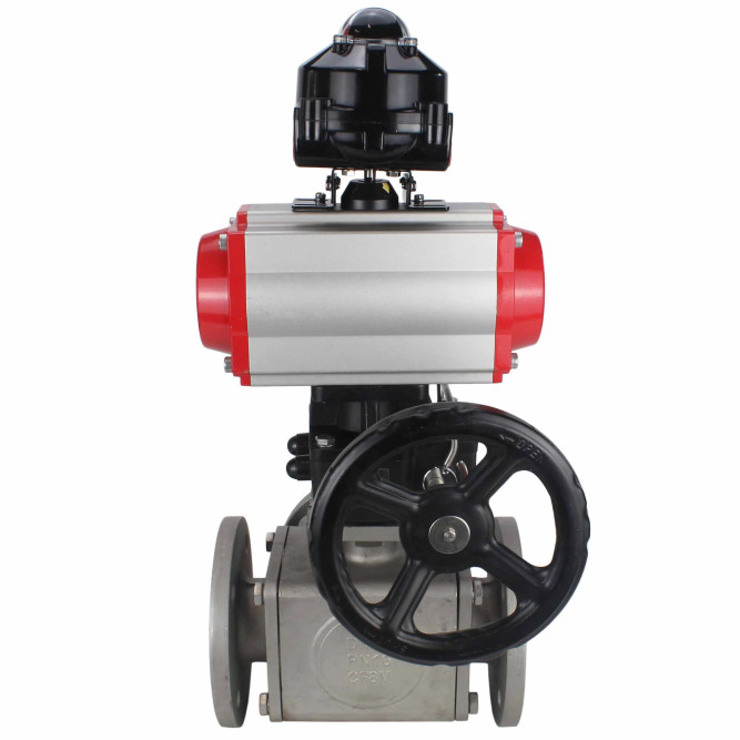 Кран шаровой BV3232P(4pc)-FP-3WL-F Ду20 Ру16 полнопроходной трехходовой, фланцевый, корпус - нержав.сталь SS316, пневмопривод PA-DA-052 двойн.действия, пневмораспределитель 4M310-08 AC220V, БКВ APL-510N EX и ручной дублер MON1-250-T26-ISO в Уфе