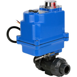 Кран шаровой BV4242E-FP-GRM-ISO Дн32 Ру10 полнопроходной, клеевой с разборным муфтовым соединением, корпус - НПВХ, шар - НПВХ, уплотнение - EPDM, с электроприводом QT-N-003EM-O1-24VDC-У1 blue