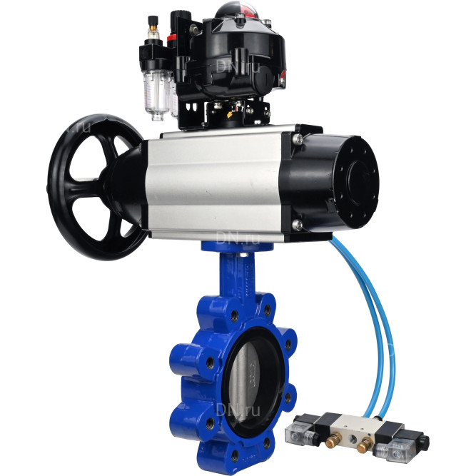 Затвор дисковый поворотный WBV1631E-2W-Fb-H Ду125 Ру16 LUG корпус - чугун QT450, диск - нержавеющая сталь 304, уплотнение - EPDM, с пневмоприводом PA-DA-105-1, пневмораспределителем 4V320-08 AC220V, БКВ APL-510N EX и БПВ AFC2000 в Уфе