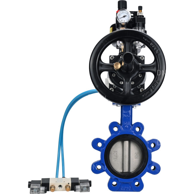 Затвор дисковый поворотный WBV1631E-2W-Fb-H Ду125 Ру16 LUG корпус - чугун QT450, диск - нержавеющая сталь 304, уплотнение - EPDM, с пневмоприводом PA-DA-105-1, пневмораспределителем 4V320-08 AC220V, БКВ APL-510N EX и БПВ AFC2000 в Уфе