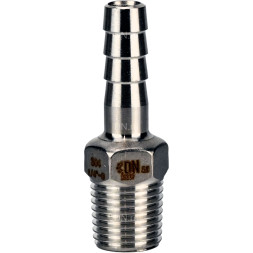 Штуцер елочка BF31-T-1 1/4-25 1 1/4″х25мм Ду32 Ру16 шланговый, корпус - нержавеющая сталь AISI 304 (CF8), присоединение - наружная резьба/штуцер