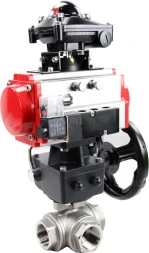 Кран шаровой BV3232P(4pc)-SP-3WL-T-ISO-H Ду25 Ру63 стандартнопроходной трехходовой L-тип, нерж. сталь SS316, внутренняя резьба, PTFE, пн.приводом PA-DA-065, пн.распределителем 4M310-08 AC220V, БКВ APL-210N и ручным дублером MON1-250-T26-ISO