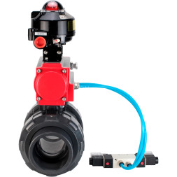 Кран шаровой BV4242E-FP-GRM-ISO Дн100 Ру10 полнопроходной, корпус - НПВХ, шар - НПВХ, уплотнение - EPDM, с пневмоприводом PA-DA-065, пневмораспределителем 4V320-08 AC220V и БКВ APL-510N EX
