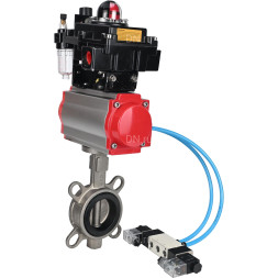 Затвор дисковый поворотный WBV3131N-2W-Fb-H Ду250 Ру16, корпус - нержавеющая сталь 304, диск - нержавеющая сталь 304, уплотнение - NBR, с пневмоприводом PA-DA-160, пневмораспределителем 4V320-08 AC220V, БКВ APL-410N EX и БПВ AFC2000