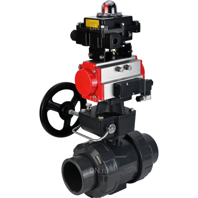 Кран шаровой BV4242E-FP-GRM-ISO Дн65 Ру10 полнопроходной, корпус - НПВХ, шар - НПВХ, уплотнение - EPDM, с пневмоприводом PA-DA-065, пневмораспределителем 4M310-08 DC24V, ручным дублером MON1-250-T26-ISO и БКВ APL-410N EX в Уфе