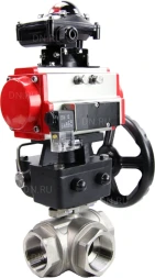 Кран шаровой BV3232P(4pc)-SP-3WL-T-ISO-H Ду80 Ру40 стандартнопроходной трехходовой L-тип, нерж. сталь SS316, внутренняя резьба, PTFE, пн.приводом PA-DA-083, пн.распределителем 4M310-08 DC24V, БКВ APL-210N и ручным дублером MON2-450-T28-ISO