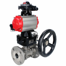 Кран шаровой BV3232P(3pc)-FP-F-ISO-H Ду25 Ру40, трехсоставной полнопроходной фланцевый, нержавеющая сталь SS316, PTFE, с пневмоприводом PA-DA-052, с пн.распределителем 4M310-08 AC220V, с БКВ APL-210N, с ручным дублером MON1-250-T26-ISO
