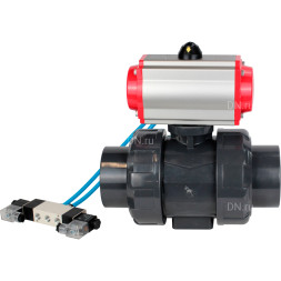 Кран шаровой BV4242E-FP-GRM-ISO Дн40 Ру10 полнопроходной, корпус - НПВХ, шар - НПВХ, уплотнение - EPDM, с пневмоприводом PA-DA-052 и пневмораспределителем 4V320-10 AC220V