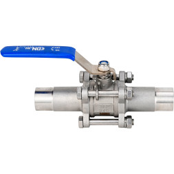 Кран шаровой BV3232P(3pc)-FP-W-H LONG Ду32 Ру40 полнопроходной, трехсоставной, корпус - нержавеющая сталь SS316, уплотнение - PTFE, под приварку, с рукояткой