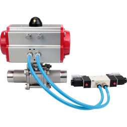 Кран шаровой BV3131P(3pc)-FP-W-ISO-H LONG Ду150 Ру16 полнопроходной, корпус - нержавеющая сталь 304, уплотнение - PTFE, под приварку, с пневмоприводом PA-SA-210 и пневмораспределителем 4V320-10 AC220V