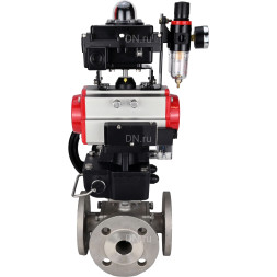 Кран шаровой BV3232P(4pc)-FP-3WL-F Ду15 Ру16 полнопроходной трехходовой, фланцевый, корпус - нержавеющая сталь SS316, пневмопривод PA-DA-052, пневмораспределитель 4M310-08 AC220V, БКВ APL-410N EX, ручной дублер MON1-250-T26-ISO и БПВ AFC2000