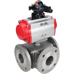 Кран шаровой BV3232P(4pc)-FP-3WL-F Ду40 Ру16 полнопроходной трехходовой, фланцевый, корпус - нержавеющая сталь SS316, с пневмоприводом PA-DA-065 двойного действия и БКВ APL-210N