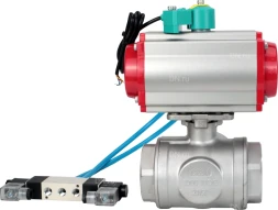 Кран шаровой BV3232P(4pc)-SP-3WL-T-ISO-H Ду10 Ру63 стандартнопроходной L-тип, внутренняя резьба, корпус - нержавеющая сталь 316, PTFE, с пневмоприводом PA-DA-052, пневмораспределителем 4V320-08 AC220V и магнитным переключателем ALS200D