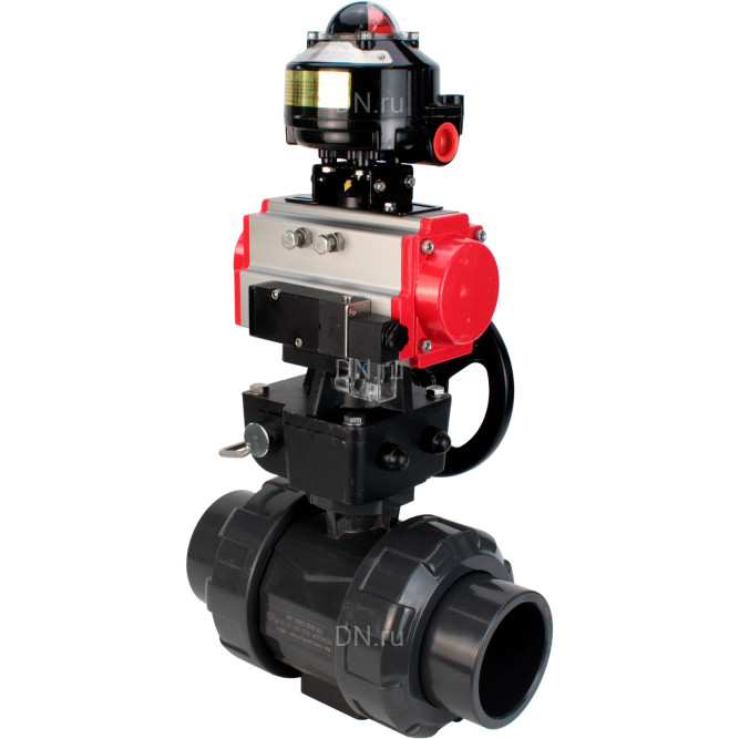 Кран шаровой BV4242E-FP-GRM-ISO Дн20 Ру10 полнопроходной, корпус - НПВХ, шар - НПВХ, уплотнение - EPDM, с пневмоприводом PA-DA-052, пневмораспределителем 4M310-08 AC220V, ручным дублером MON1-250-T26-ISO и БКВ APL-510N EX в Уфе