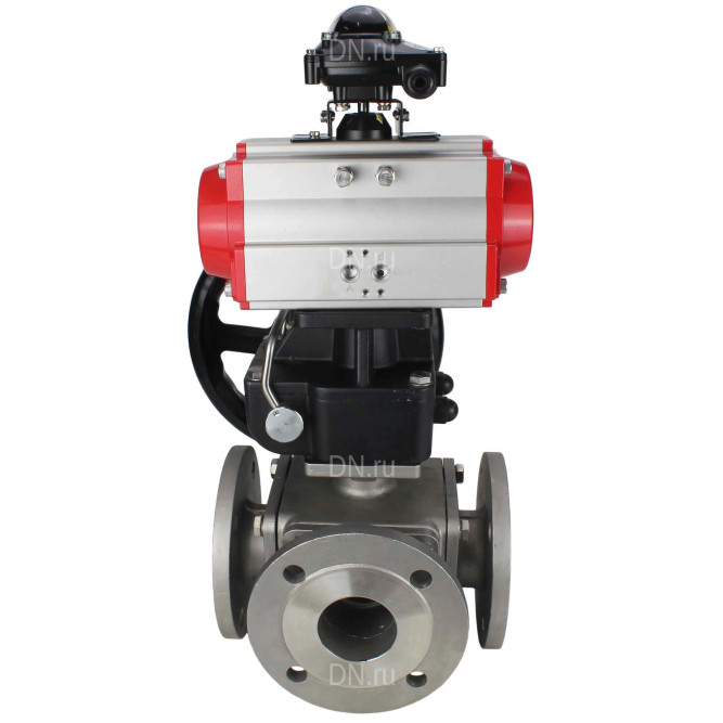 Кран шаровой BV3232P(4pc)-FP-3WL-F Ду40 Ру16 полнопроходной трехходовой, фланцевый, корпус - нержавеющая сталь SS316, с пневмоприводом PA-DA-065 двойного действия, БКВ APL-210N и ручным дублером MON1-250-T26-ISO в Уфе