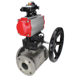 Кран шаровой BV3232P(4pc)-FP-3WL-F Ду40 Ру16 полнопроходной трехходовой, фланцевый, корпус - нержавеющая сталь SS316, с пневмоприводом PA-DA-065 двойного действия, БКВ APL-210N и ручным дублером MON1-250-T26-ISO