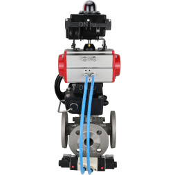 Кран шаровой BV3232P(4pc)-FP-3WL-F Ду65 Ру16 полнопроходной трехходовой, фланцевый, корпус - нержавеющая сталь SS316, с пневмоприводом PA-DA-083, пневмораспределителем 4V320-10 AC220V, БКВ APL-410N EX и ручным дублером MON2-450-T28-ISO