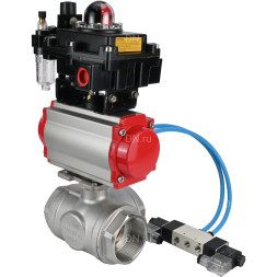 Кран шаровой BV3232P(4pc)-SP-3WL-T-ISO-H Ду40 Ру63, стандартнопроходной, четырехсоставной, нержавеющая сталь 316, PTFE, внутренняя резьба, с пневмоприводом PA-DA-065, пневмораспределителем 4V320-08 AC220V, БКВ APL-410N Ex, БПВ AFC2000