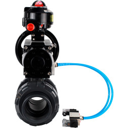 Кран шаровой BV4242E-FP-GRM-ISO Дн15 Ру10 полнопроходной, корпус - НПВХ, шар - НПВХ, уплотнение - EPDM, с пневмоприводом PA-DA-105-1, пневмораспределителем 4V320-08 AC220V и БКВ APL-510N EX