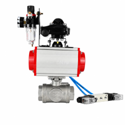 Кран шаровой BV3232P(4pc)-SP-3WL-T-ISO-H WDVF Ду40 Ру63 стандартнопроходной, 3-ходовой L-тип, внутренняя резьба, нержавеющая сталь AISI 316, PTFE, с пневмоприводом PA-SA-130, пневмораспределителем 4V320-10 AC220V, БКВ APL-210N и БПВ AFC2000
