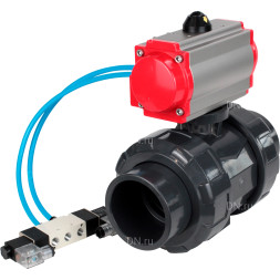 Кран шаровой BV4242E-FP-GRM-ISO Дн100 Ру10 полнопроходной, корпус - НПВХ, шар - НПВХ, уплотнение - EPDM, с пневмоприводом PA-DA-065 и пневмораспределителем 4V320-10 AC220V