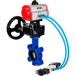 Затвор дисковый поворотный WBV1616E-2W-Fb-H Ду125 Ру16 LUG, корпус - чугун QT450, диск - чугун QT450, уплотнение - EPDM, с пневмоприводом PA-DA-105, пневмораспределителем 4M320-10 AC220V и ручным дублером MON3-700-T38-ISO