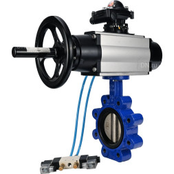 Затвор дисковый поворотный WBV1616E-2W-Fb-H Ду125 Ру16 LUG корпус - чугун QT450, диск - чугун QT450, уплотнение - EPDM, с пневмоприводом PA-DA-105-1, пневмораспределителем 4V320-10 AC220V и БКВ APL-210N
