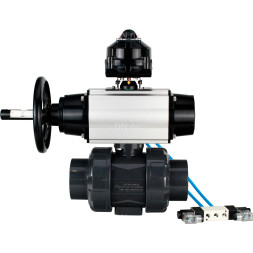 Кран шаровой BV4242E-FP-GRM-ISO Дн25 Ру10 полнопроходной, корпус - НПВХ, шар - НПВХ, уплотнение - EPDM, с пневмоприводом PA-DA-105-1, пневмораспределителем 4V320-08 AC220V и БКВ APL-510N EX