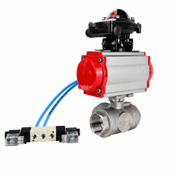 Кран шаровой BV3232P(4pc)-SP-3WL-T-ISO-H WDVF Ду40 Ру63 стандартнопроходной, 3-ходовой L-тип, внутренняя резьба, нержавеющая сталь AISI 316, PTFE, с пневмоприводом PA-DA-083, пневмораспределителем 4V320-10 AC220V и БКВ APL-210N