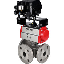 Кран шаровой BV3232P(4pc)-FP-3WL-F Ду20 Ру16 полнопроходной трехходовой, фланцевый, корпус - нержавеющая сталь SS316, с пневмоприводом PA-DA-052 двойного действия и пневмопозиционером YT-1000RSN с обратной связью
