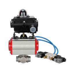Кран шаровой BV3232P(4pc)-SP-3WL-T-ISO-H Ду10 Ру63, стандартнопроходной, четырехсоставной, корпус - нержавеющая сталь 316, уплотнение - PTFE, внутренняя резьба, с пневмоприводом PA-SA-052, пневмораспределителем 4V320-10 AC220V, БКВ APL-410N Ex
