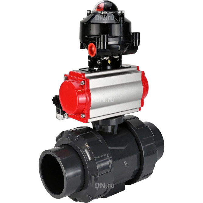 Кран шаровой BV4242E-FP-GRM-ISO Дн32 Ру10 полнопроходной, корпус - НПВХ, шар - НПВХ, уплотнение - EPDM, с пневмоприводом PA-DA-052, пневмораспределителем 4M310-08 AC220V и БКВ APL-510N EX в Уфе