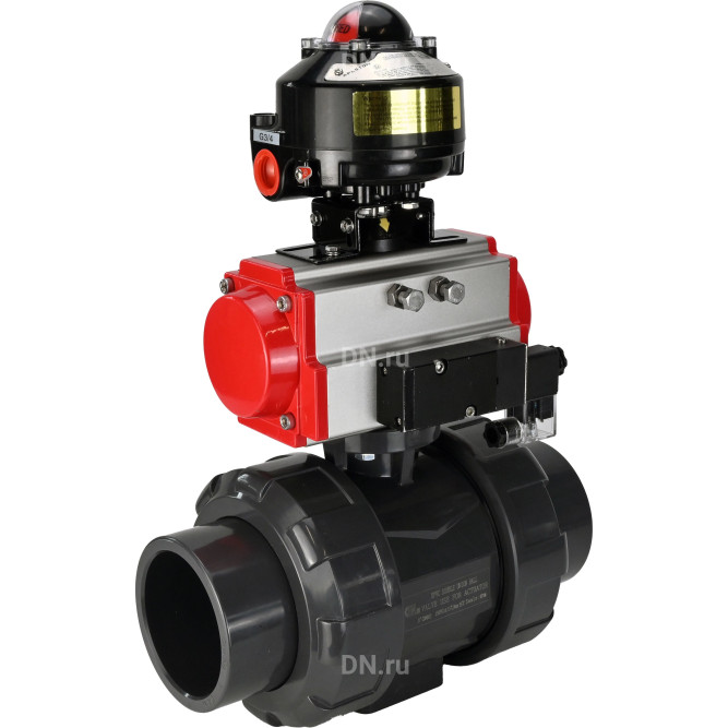 Кран шаровой BV4242E-FP-GRM-ISO Дн32 Ру10 полнопроходной, корпус - НПВХ, шар - НПВХ, уплотнение - EPDM, с пневмоприводом PA-DA-052, пневмораспределителем 4M310-08 AC220V и БКВ APL-510N EX в Уфе
