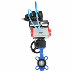 Затвор дисковый поворотный WBV1432N-2W-Fb-H Ду40 Ру16, чугун GGG50, нержавеющая сталь 316L, NBR, с пневмоприводом PA-DA-052, ручным дублером MON1-250-T26-ISO и электропневматическим позиционером YT-1000RSN с обратной связью