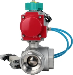Кран шаровой BV3232P(4pc)-SP-3WL-T-ISO-H Ду65 Ру40 стандартнопроходной L-тип, внутренняя резьба, корпус - нержавеющая сталь 316, PTFE, с пневмоприводом PA-DA-083, пневмораспределителем 4V320-08 AC220V и магнитным переключателем ALS200D