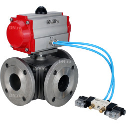 Кран шаровой BV3232P(4pc)-FP-3WL-F Ду50 Ру16 полнопроходной трехходовой, фланцевый, корпус - нержавеющая сталь SS316, с пневмоприводом PA-SA-105 с возвратными пружинами и пневмораспределителем 4V320-10 AC220V