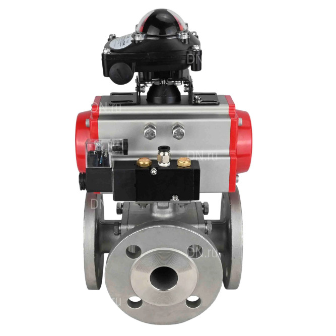 Кран шаровой BV3232P(4pc)-FP-3WL-F Ду25 Ру16 полнопроходной трехходовой, фланцевый, корпус - нержавеющая сталь SS316, с пневмоприводом PA-DA-052 двойного действия, пневмораспределителем 4M310-08 AC220V и БКВ APL-210N в Уфе