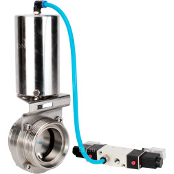 Затвор дисковый поворотный WBV3131E-2W-T-H Ду40 Ру10 резьбовой, пищевая нержавеющая сталь 304, уплотнение – EPDM, с пневмоприводом PA-SA-85 и пневмораспределителем 4V320-10 AC220V