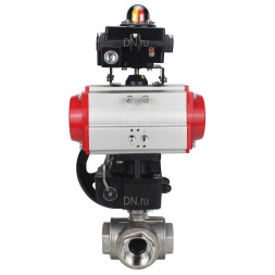 Кран шаровой BV3232P(4pc)-SP-3WL-T-ISO-H Ду32 Ру63 стандартнопроходной трехходовой L-тип, нержавеющая сталь SS316, внутренняя резьба, уплотнение - PTFE, с пневмоприводом PA-DA-065, БКВ APL-410N EX и ручным дублером MON1-250-T26-ISO