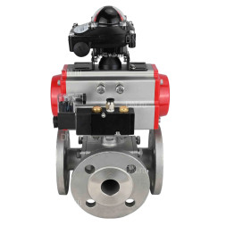 Кран шаровой BV3232P(4pc)-FP-3WL-F Ду25 Ру16 полнопроходной трехходовой, фланцевый, корпус - нержавеющая сталь SS316, с пневмоприводом PA-DA-052 двойного действия, пневмораспределителем 4M310-08 DC24V и БКВ APL-210N