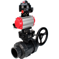 Кран шаровой BV4242E-FP-GRM-ISO Дн40 Ру10 полнопроходной, корпус - НПВХ, шар - НПВХ, уплотнение - EPDM, с пневмоприводом PA-DA-052, пневмораспределителем 4M310-08 DC24V, ручным дублером MON1-250-T26-ISO и БКВ APL-510N EX