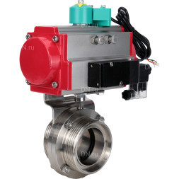 Затвор дисковый поворотный WBV3131S-2W-T-H Ду65 Ру10 резьбовой, пищевая нержавеющая сталь 304, уплотнение - Silicon, с пневмоприводом PA-DA-052, пневмораспределителем 4M310-08 DC24V и магнитным переключателем ALS200D