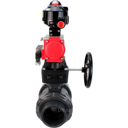 Кран шаровой BV4242E-FP-GRM-ISO Дн80 Ру10 полнопроходной, корпус - НПВХ, шар - НПВХ, уплотнение - EPDM, с пневмоприводом PA-DA-065, пневмораспределителем 4M310-08 DC24V, ручным дублером MON1-250-T26-ISO и БКВ APL-510N EX