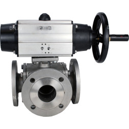 Кран шаровой BV3232P(4pc)-FP-3WL-F Ду100 Ру16 полнопроходной трехходовой, фланцевый, корпус - нержавеющая сталь SS316, с пневмоприводом PA-DA-105-1 двойного действия