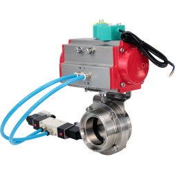 Затвор дисковый поворотный WBV3131S-2W-T-H Ду15 Ру10 резьбовой, пищевая нержавеющая сталь 304, уплотнение - Silicon, с пневмоприводом PA-DA-052, пневмораспределителем 4V320-08 AC220V и магнитным переключателем ALS200D