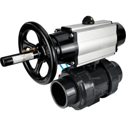 Кран шаровой BV4242E-FP-GRM-ISO Дн65 Ру10 полнопроходной, корпус - НПВХ, шар - НПВХ, уплотнение - EPDM, с пневмоприводом PA-DA-105-1 и пневмораспределителем 4V320-10 AC220V
