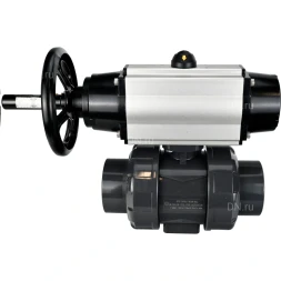 Кран шаровой BV4242E-FP-GRM-ISO Дн65 Ру10 полнопроходной, корпус - НПВХ, шар - НПВХ, уплотнение - EPDM, с пневмоприводом PA-DA-105-1 и пневмораспределителем 4V320-10 AC220V