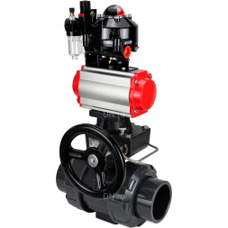 Кран шаровой BV4242E-FP-GRM-ISO Дн80 Ру10 полнопроходной, корпус - НПВХ, шар - НПВХ, уплотнение - EPDM, с пневмоприводом PA-DA-065, пневмораспределителем 4M310-08 AC220V, ручным дублером MON1-250-T26-ISO, БКВ APL-510N EX и БПВ AFC2000
