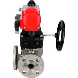 Кран шаровой BV3232P(4pc)-FP-3WL-F Ду25 Ру16 полнопроходной трехходовой, фланцевый, корпус - нержавеющая сталь SS316, с пневмоприводом PA-DA-052 двойного действия, пневмораспределителем 4M310-08 AC220V и ручным дублером MON1-250-T26-ISO
