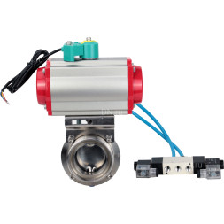 Затвор дисковый поворотный WBV3131S-2W-T-H Ду25 Ру10 резьбовой, пищевая нержавеющая сталь 304, уплотнение - Silicon, с пневмоприводом PA-DA-052, пневмораспределителем 4V320-08 AC220V и магнитным переключателем ALS200D